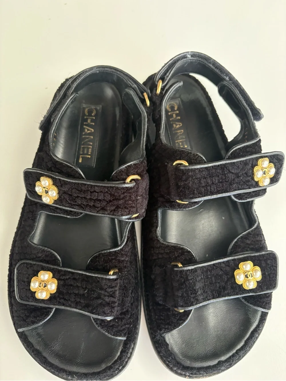 Auth CHANEL Tweed Velcro Dad Sandals